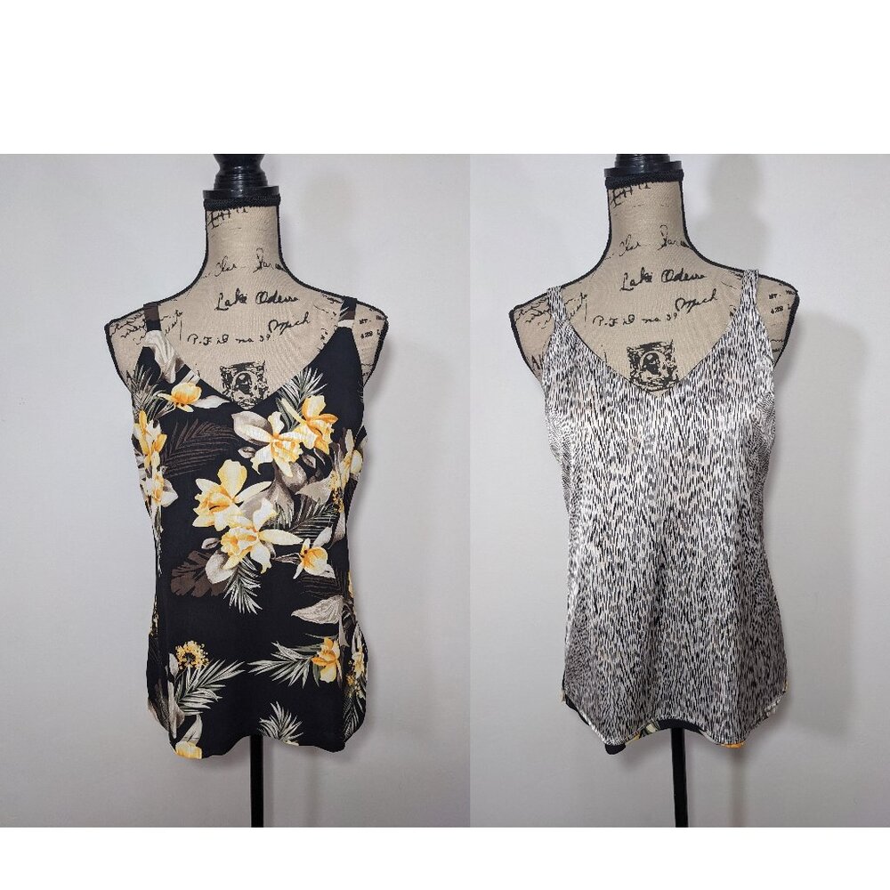 WHBM Black Yellow Tropical Floral Reversible Sleeveless Top Blouse size XS